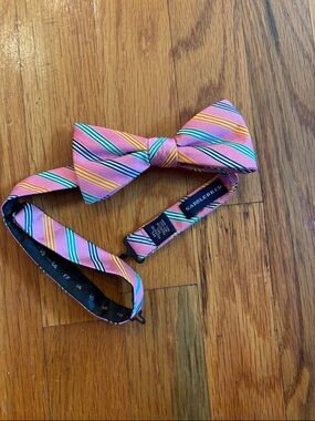 Saddlebred Silk Blend Pink with navy, green, orange and white Stripes Bow Tie